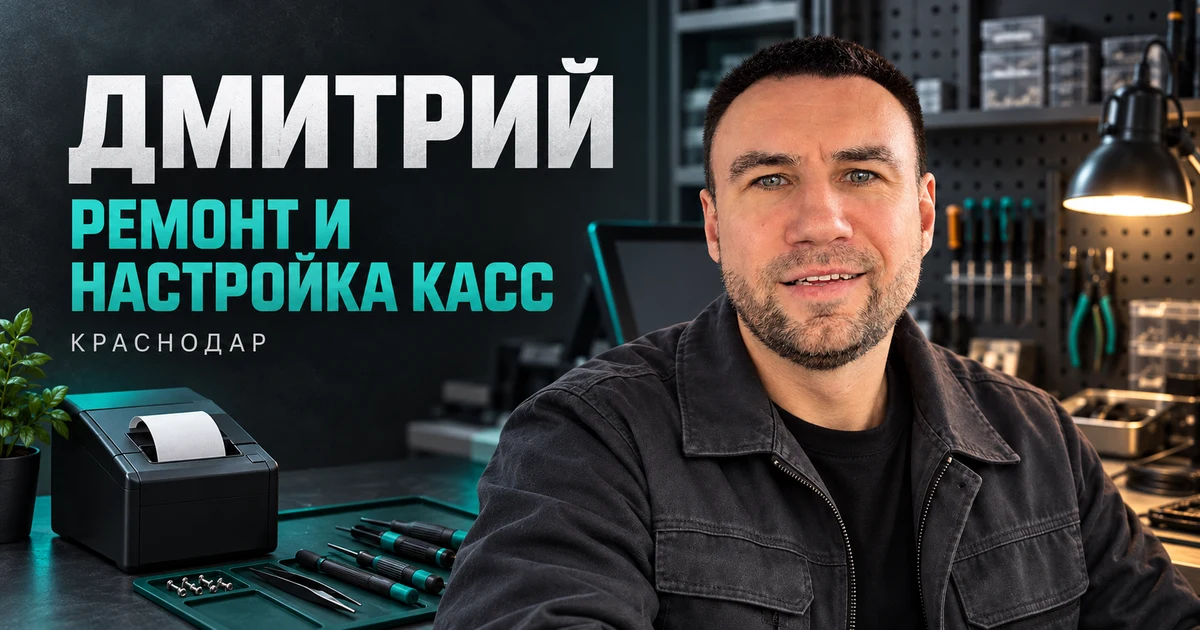Дмитрий — ремонт и настройка кассовой техники в Краснодаре; изображение создано ИИ на основе фотографии клиента